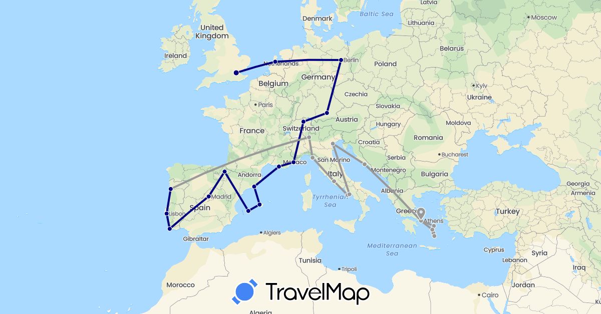 TravelMap itinerary: driving, plane in Switzerland, Germany, Spain, France, United Kingdom, Greece, Croatia, Italy, Netherlands, Portugal (Europe)