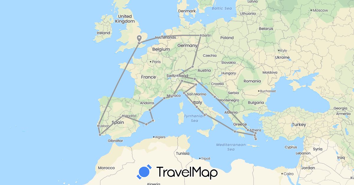 TravelMap itinerary: driving, plane in Switzerland, Germany, Spain, France, United Kingdom, Greece, Croatia, Italy, Netherlands, Portugal (Europe)