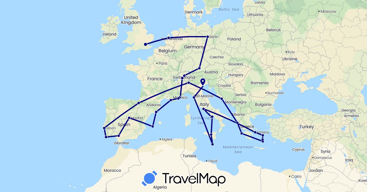 TravelMap itinerary: driving in Switzerland, Germany, Spain, France, United Kingdom, Greece, Croatia, Italy, Monaco, Malta, Netherlands, Portugal (Europe)